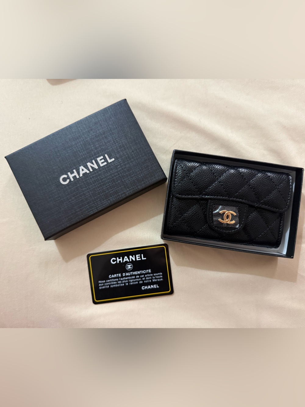 CHANEL Black Quilted Leather Key & Card Holder with Gold CC